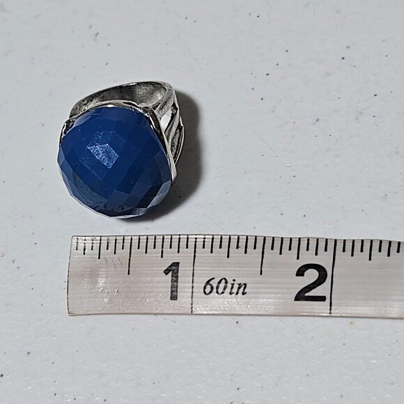 Elegant Blue Faceted Gemstone Silver Tone Chunky Dome Ring Open Band Jewelry - Picture 5 of 5